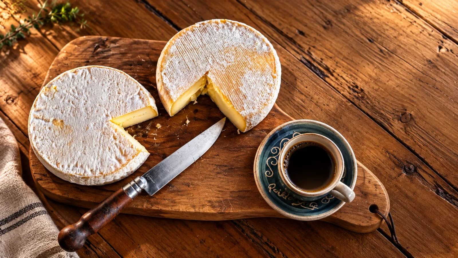 Queijo Canastra artesanal na tábua de madeira, com uma xícara de café