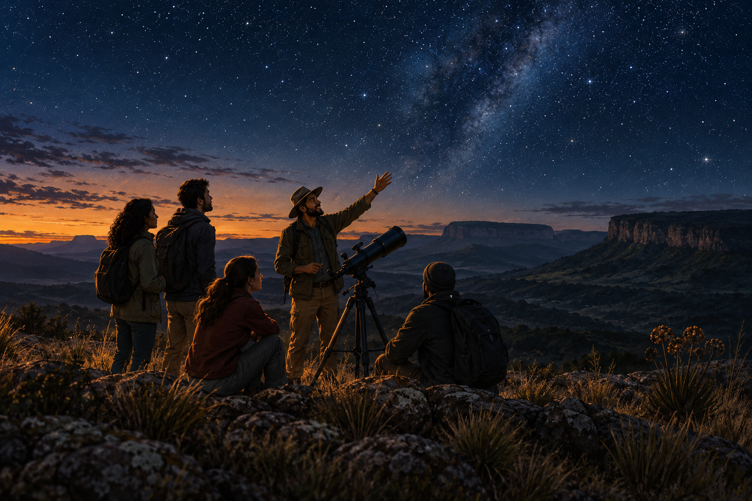 Ilustração de um guia apresentando o céu a um grupo junto ao telescópio, entre as serras do Cerrado